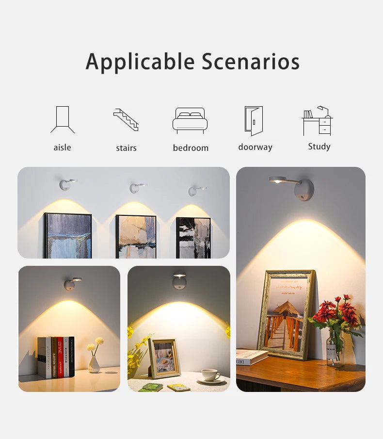 Wall Lamp Rechargeable Intelligent Human Sensing Wireless Night Light Dimmable LED Spotlights for Decoration Painting Lighting