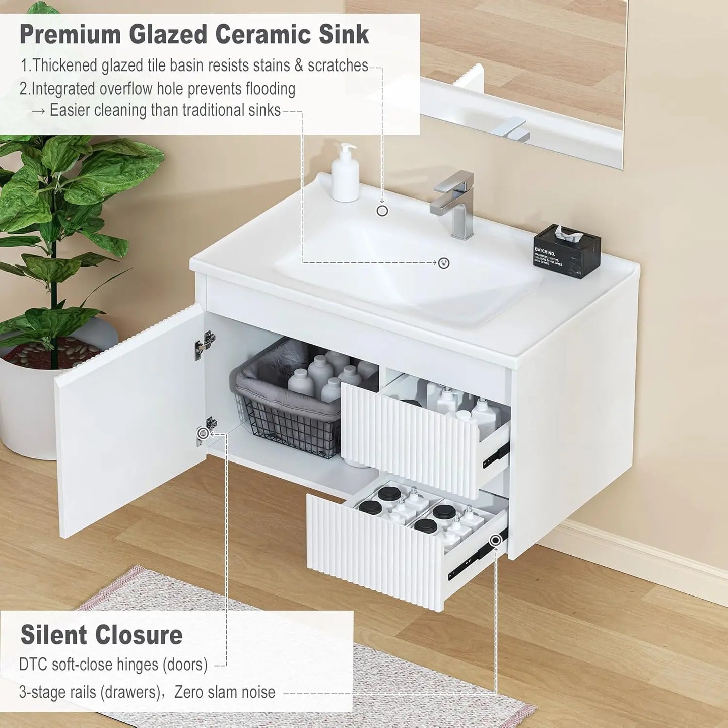 32" Wall Mounted Bathroom Vanity with Sink, Soft-Close Drawers, Wave-Carved Door, Ceramic Top, Customized