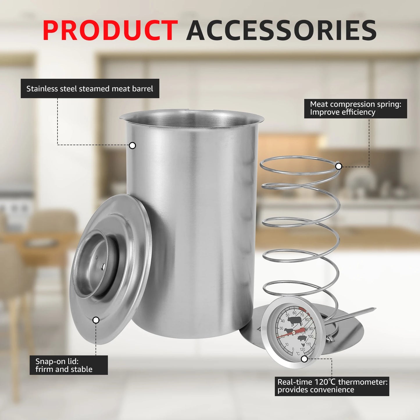 Stainless Steel Meat Press Cooker Large Capacity Ham Maker Round Shape Deli Meat Press Mold With Thermometer For Home Kitchen