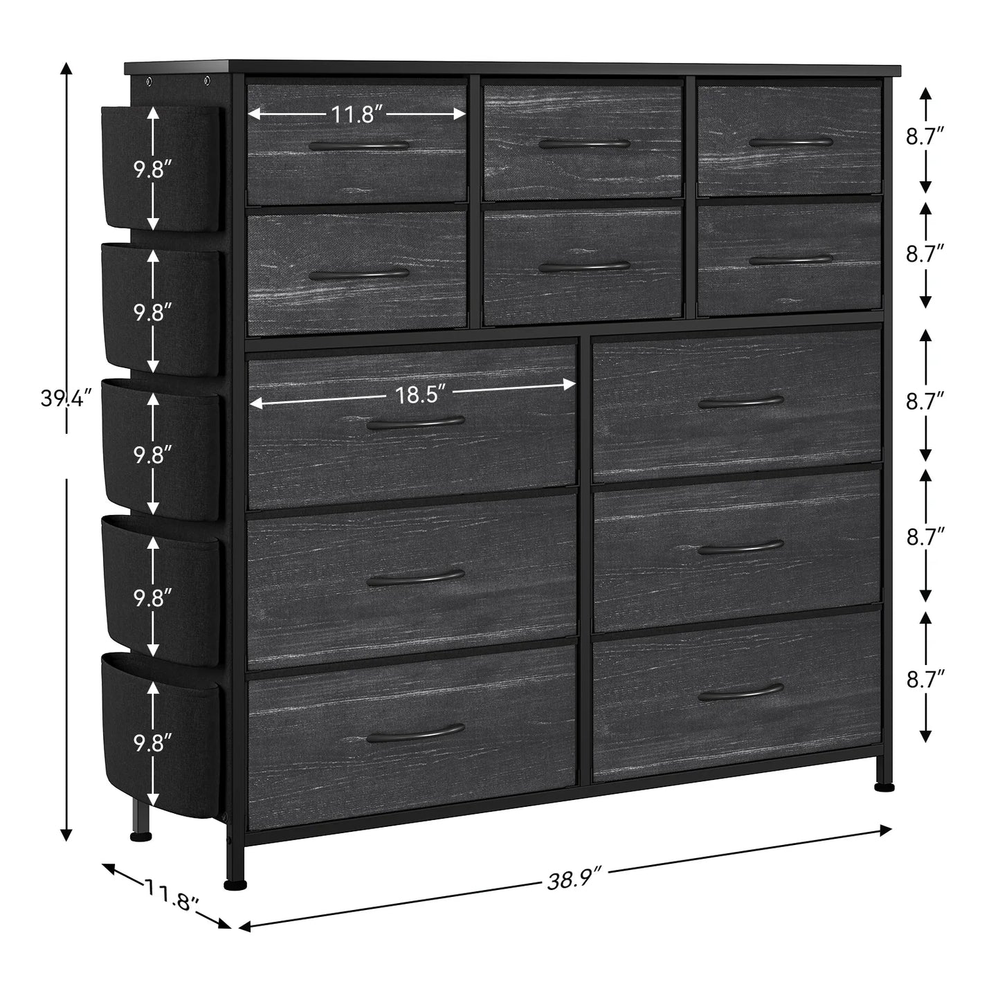 12-Drawer Fabric Dresser for Bedroom,Tall Chest of Drawers,Adjustable Metal Frame,Side Pockets & Hooks Storage Tower for Closet