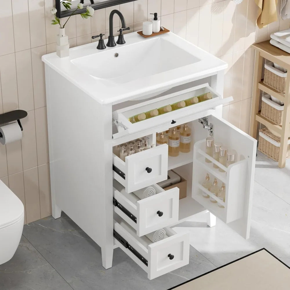 White 24 Inch Bathroom Vanity with Sink Combo Solid Wood Storage Cabinet 3 Drawers Tip Out Door Soft Close Adjustable Shelves