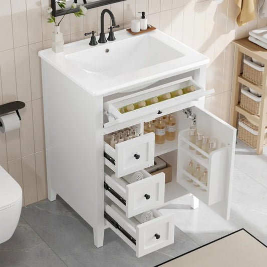 White 24 Inch Bathroom Vanity with Sink Combo Solid Wood Storage Cabinet 3 Drawers Tip Out Door Soft Close Adjustable Shelves