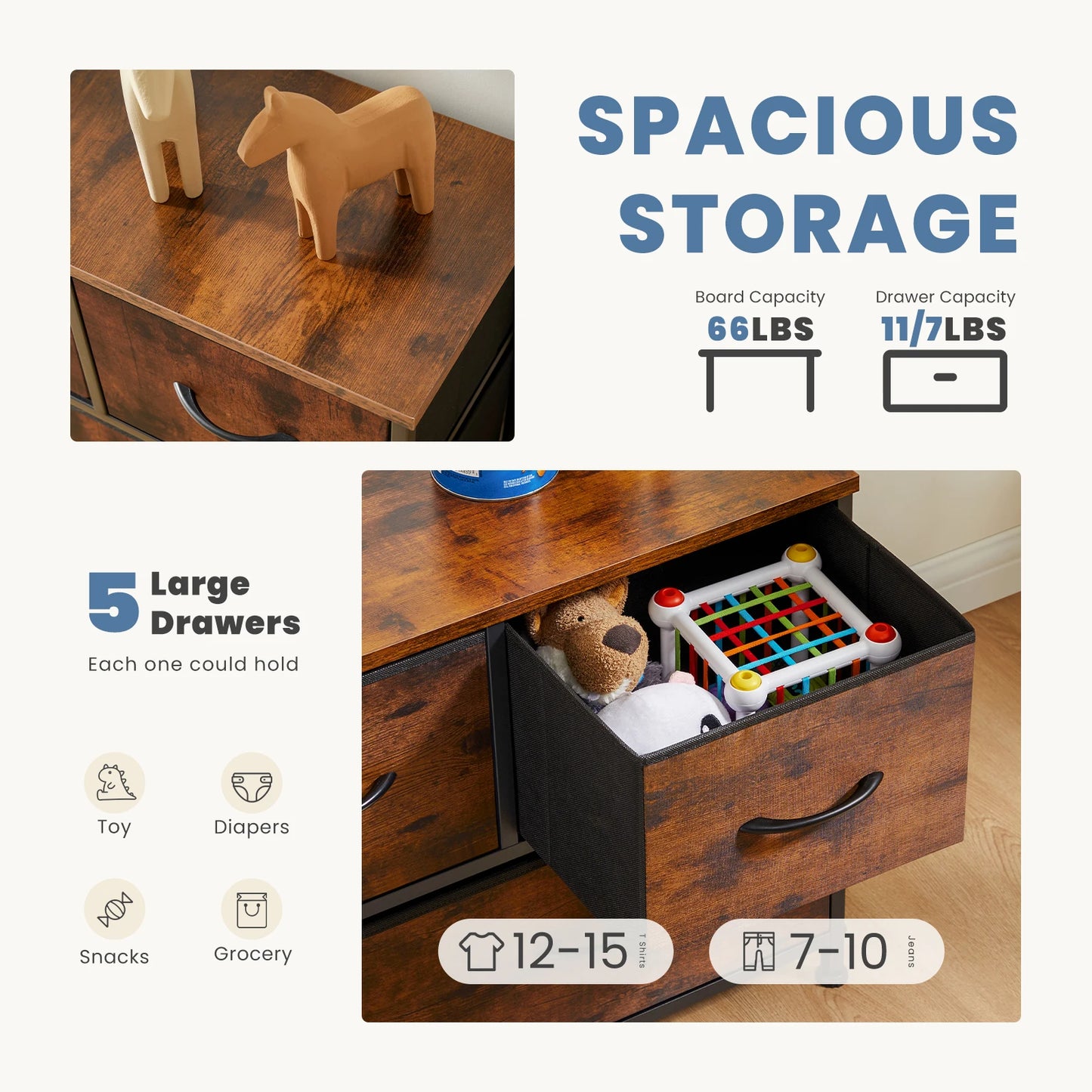 JHK Living Room Display Cabinet Layers With 5 Fabric Drawers Wardrobe Steel Frame Assembly Closet For Clothes Storage Dresser