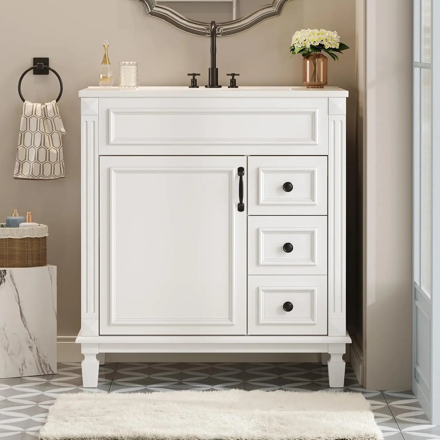 30" Bathroom Vanity with Sink Modern Storage Cabinet Single Sink Door Two Drawers Solid Wood Frame, Customized