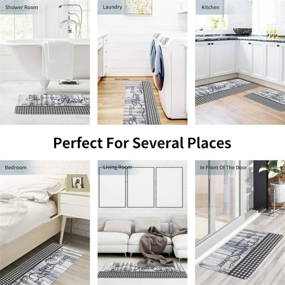 Kitchen Mat "Kitchen is the Heart of the Home" Wood Grain & Culinary Motifs Floor Mats for Sink Dining Room Living Room Bedroom