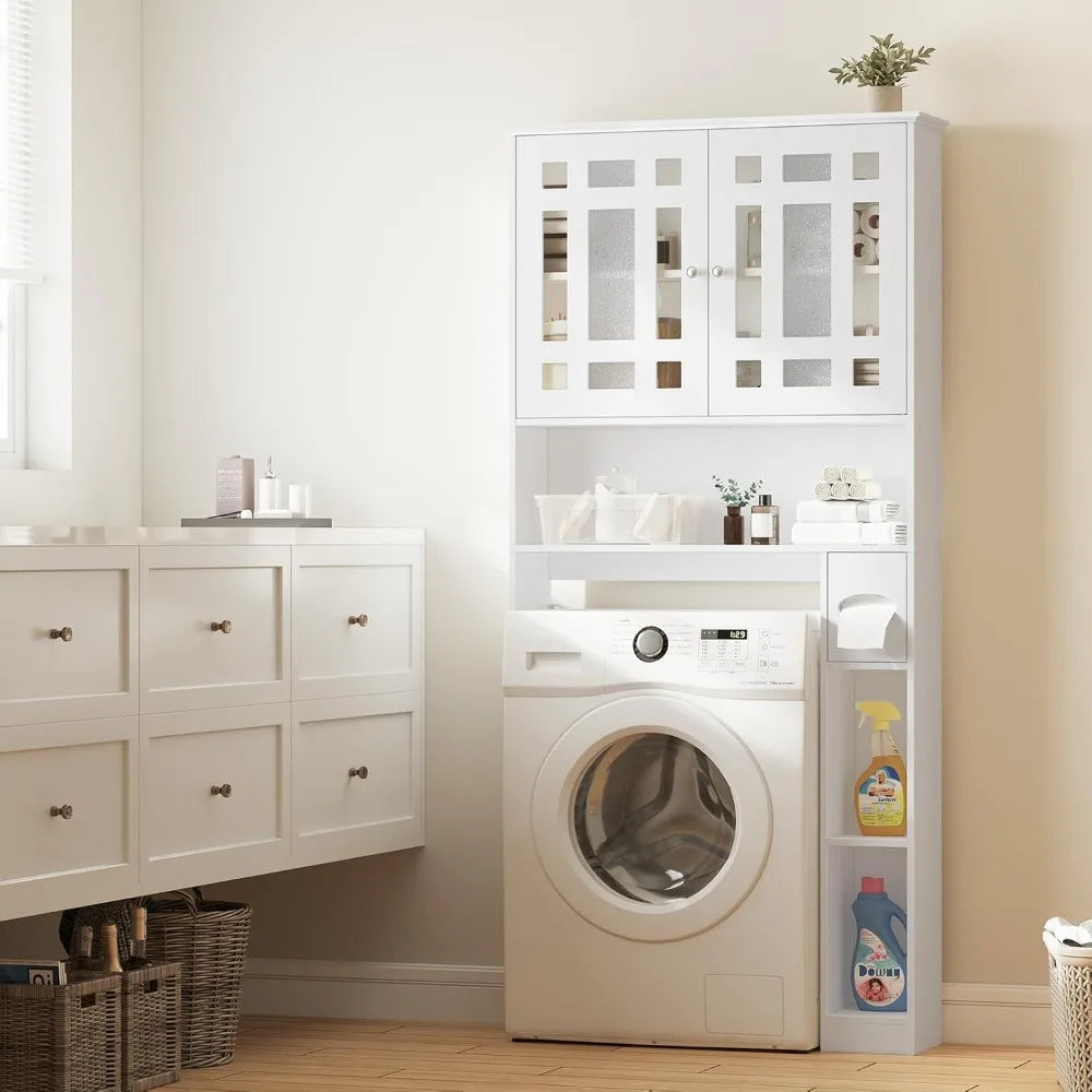 Freestanding Toilet-Top Storage Cabinet with 2 Glass Doors and Adjustable Shelves