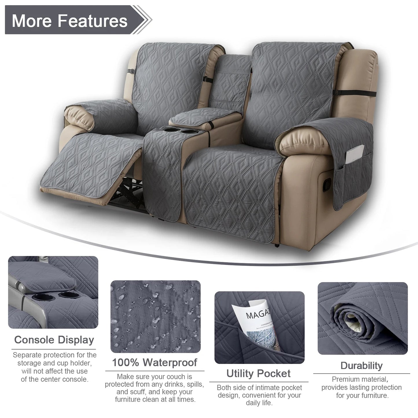 Recliner Slipcover With Center Console 100% Waterproof Pet Cover For Recliner With Straps For Bedroom Office Home Decor