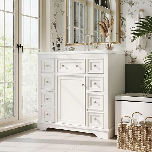 36" Bathroom Vanity Basin Sink Cabinet 6 Drawers Storage No Mirror White, Customized
