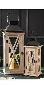 Large Rustic Wooden Decorative Lantern Set of 2, Modern Farmhouse Distressed Whitewash Floor Candle Lanterns, Indoor/Outdoor Han