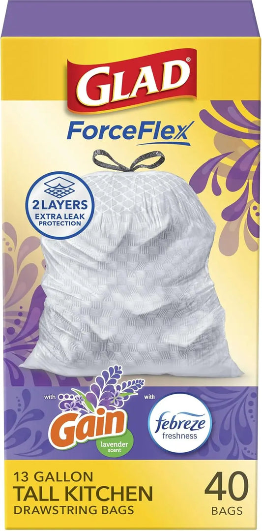 Flexible Kitchen Trash Bags, 13 Gallon, Lavender Scent with Odor Control, 40 Count Pack
