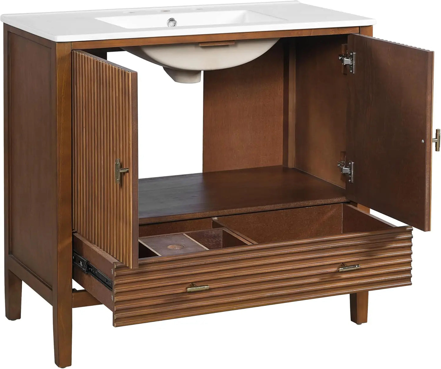 BestsellerBestseller Single Vanity, Bathroom Vanity with Ceramic Sink, Divided Drawer & Dual-Door Storage, Soft-Close, Waln