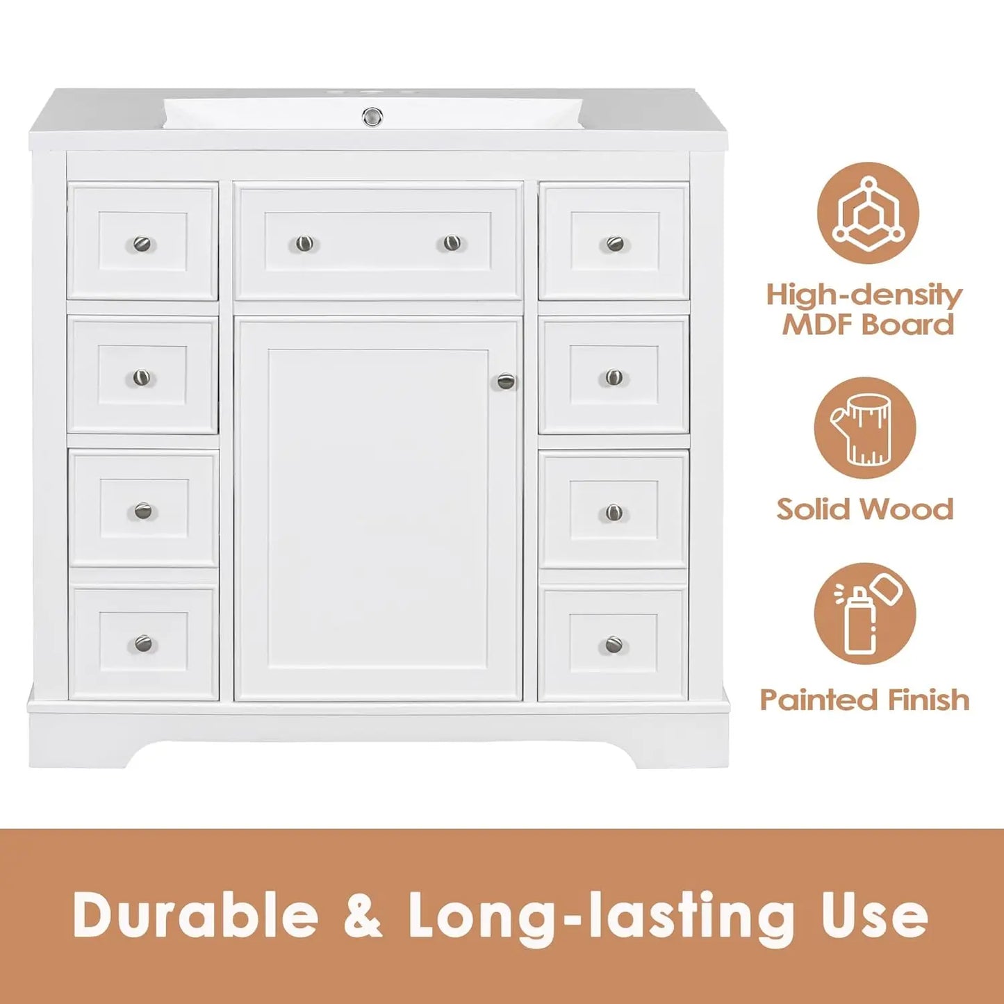 36" Bathroom Vanity Basin Sink Cabinet 6 Drawers Storage No Mirror White, Customized