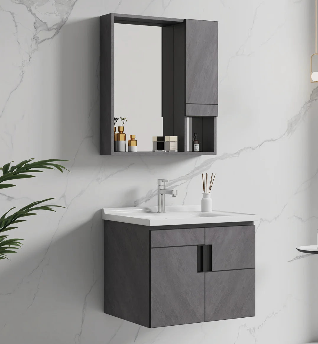 Modern Design Gray PVC Bathroom Vanity Cabinet Framed Mirror Wall-Mounted for  Villas Hotels Includes Wash Basin