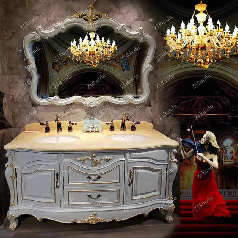 ~New Curved European Bathroom Cabinet Antique Washbasin Oak Combination Bathroom Double Basin Wash Basin Washstand