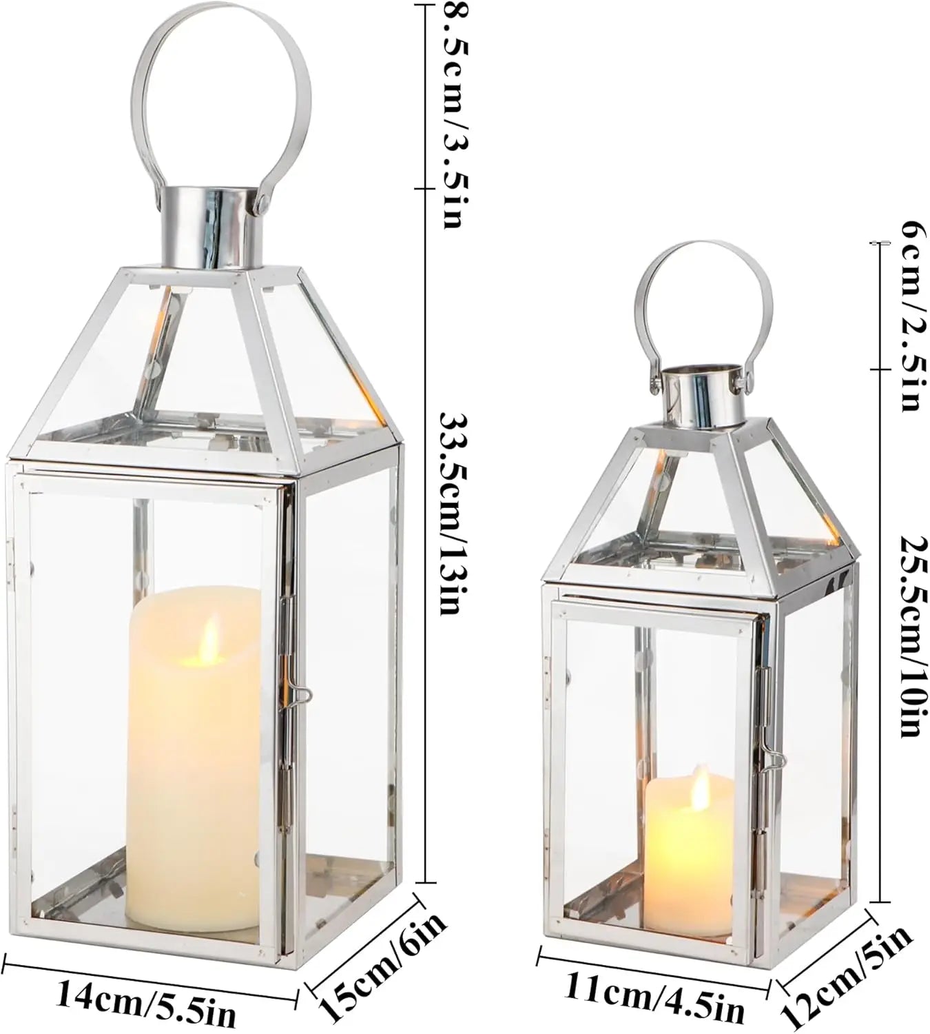 Set of 2 Stainless Steel Decorative Lanterns 13"&10" H Metal Candle Holders with Tempered Glass for Home Decor Living Room Parti