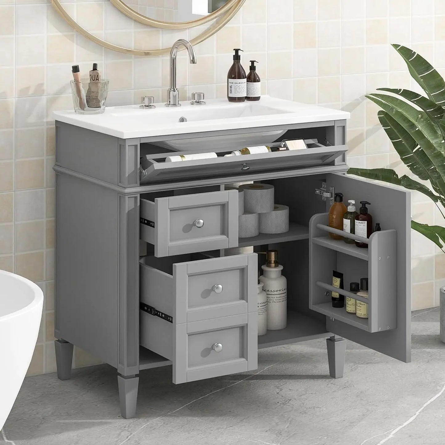 30" Bathroom Vanity Ceramic Sink Modern Freestanding Storage Cabinet Door 2 Drawers Tip-Out Drawer Solid Wood Frame, Customized