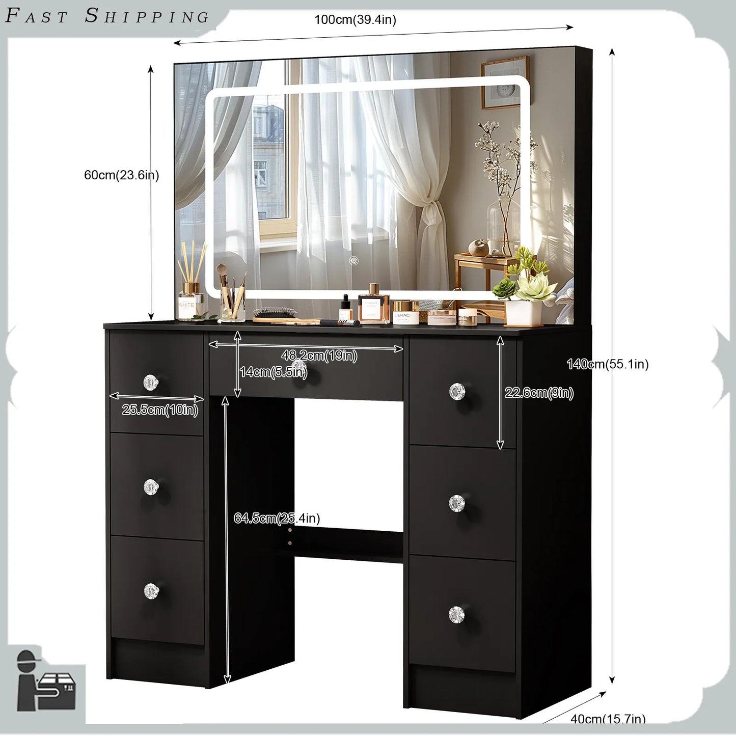Large Dressing Table Makeup Desk Vanity Set with LED Lights Mirror And 7 Drawers