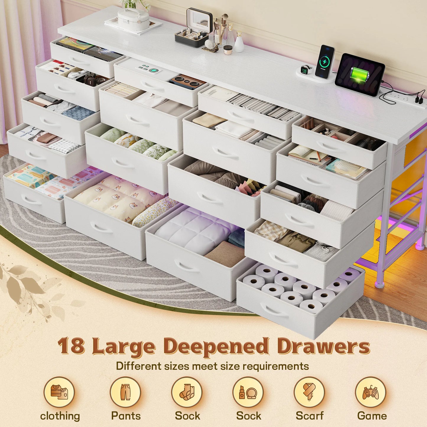 Large Capacity 63 Inch Dresser with 18 Deep Drawers LED Lighting and Built In Power Hub for Bedroom Living Room or Hallway