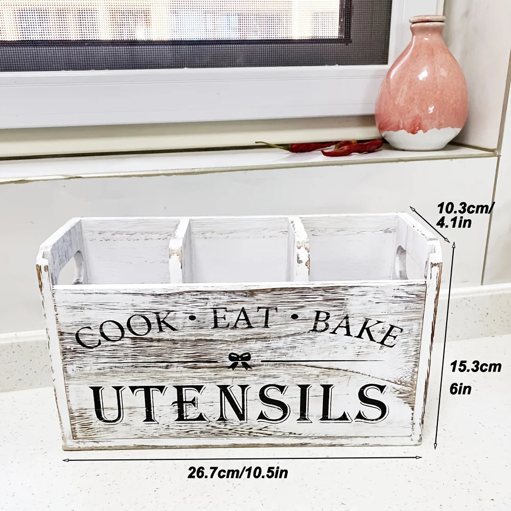 Kitchen Utensils Holder with 3 Compartments, Wooden Utensil Organizer for Kitchen Countertop, Farmhouse Kitchen Decor