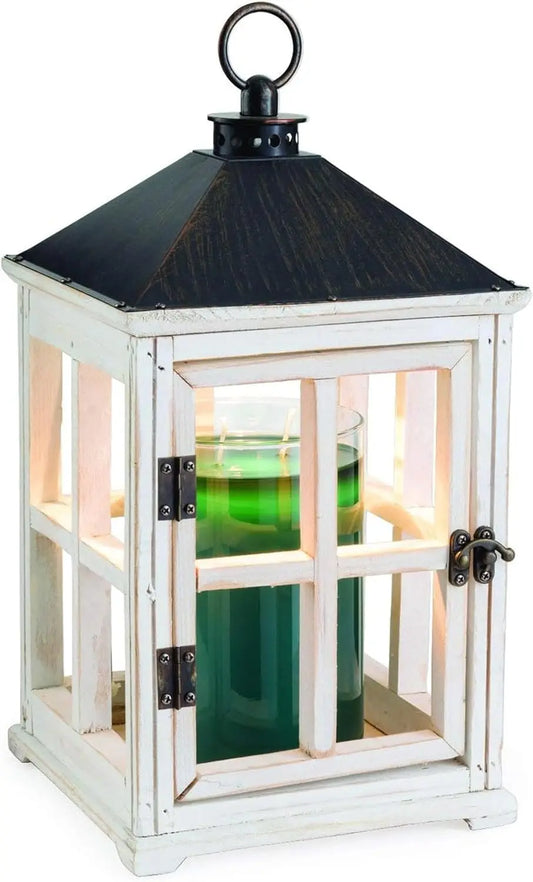 White Wooden Farmhouse Candle Warmer Lantern for Top-Down Warming & Flame-Free Fragrance
