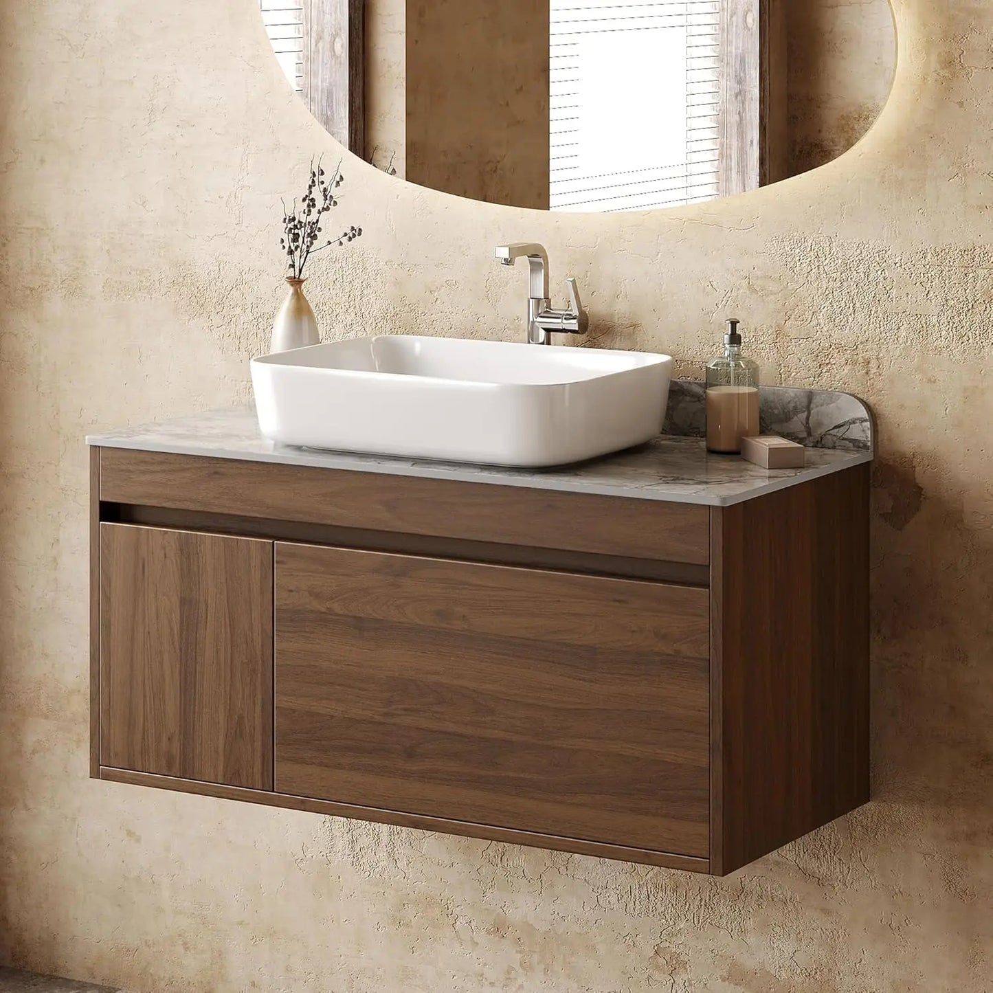 36in Floating Bathroom Vanity Sink Combo Wood Cabinet Gray Sintered Stone Countertop Easy Assembly Customized