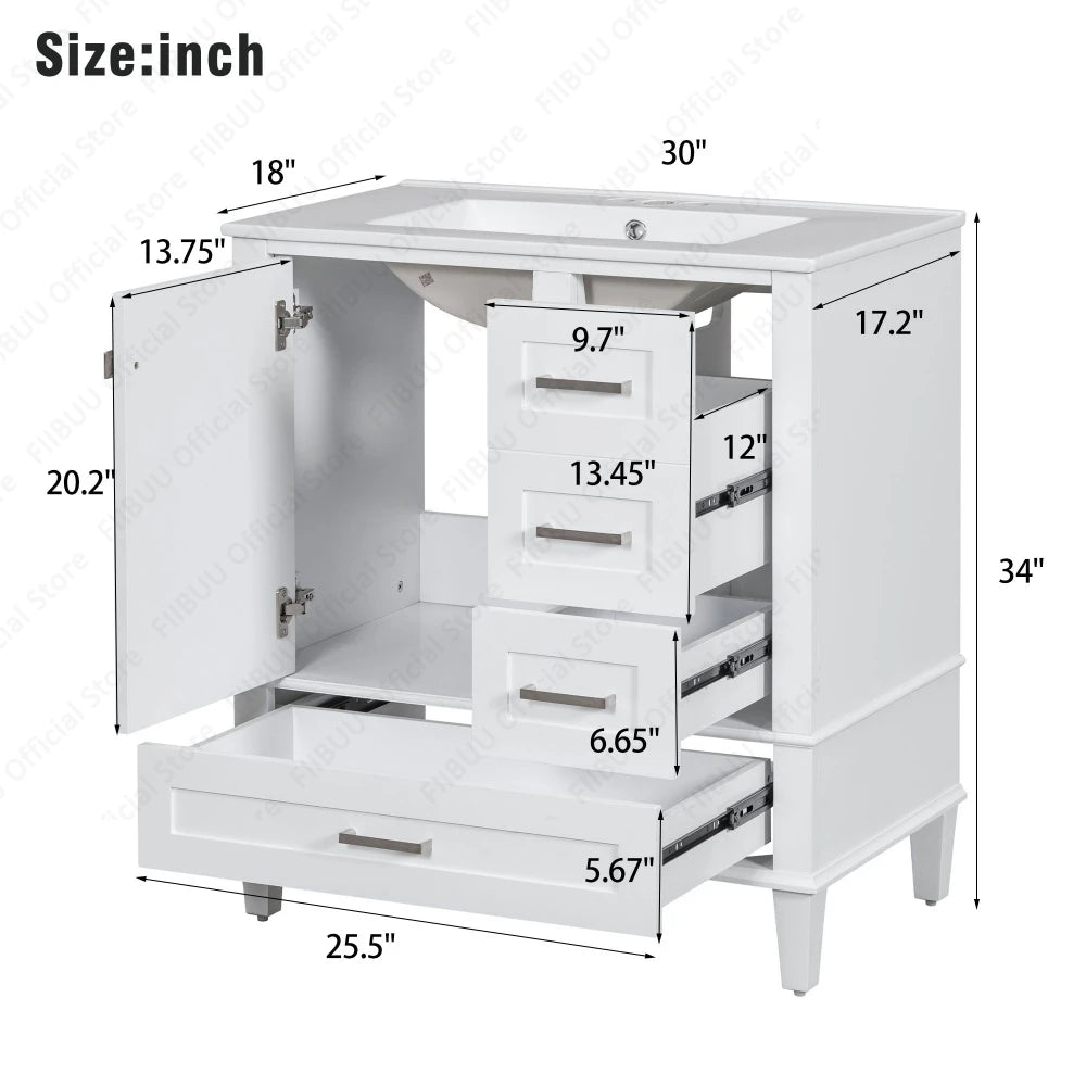 30" Bathroom Vanity with Sink Solid Wood Cabinet Waterproof Modern Storage with 3 Drawers Soft Close Door Sink Vanity Combo Set