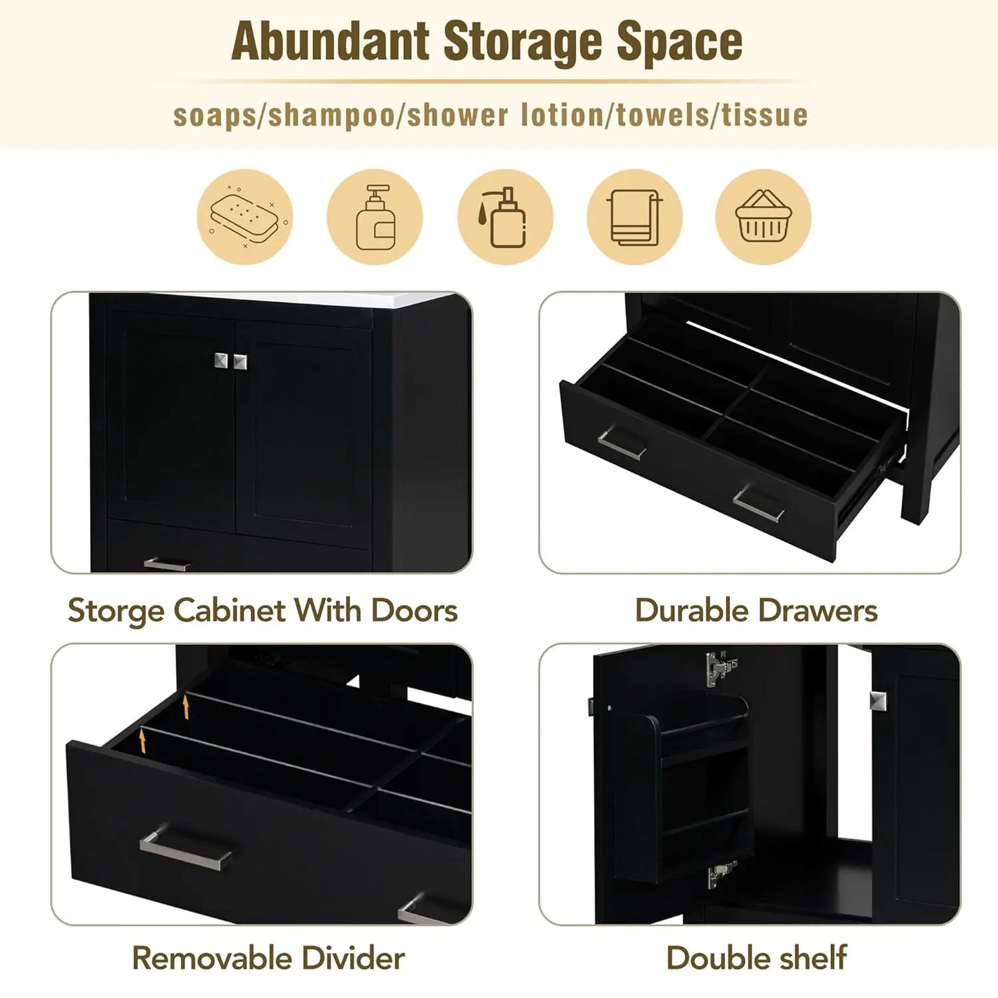 60" Double Sink Bathroom Vanity Solid Wood Cabinet Storage Drawers Racks Black, Customized