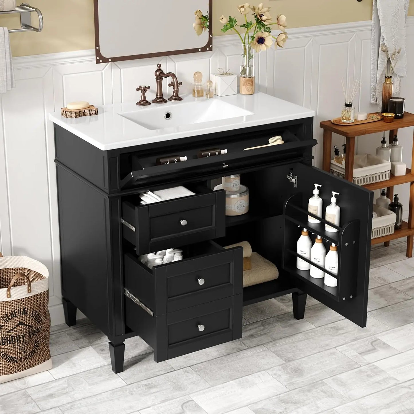 36in Solid Wood Bathroom Vanity with Soft-Close Doors & Tip-Out Drawer Undermount Sink Cabinet Green Customized