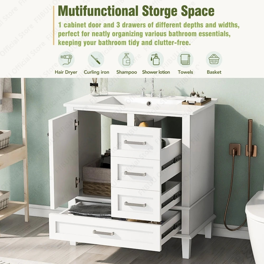 30" Bathroom Vanity with Sink Solid Wood Cabinet Waterproof Modern Storage with 3 Drawers Soft Close Door Sink Vanity Combo Set