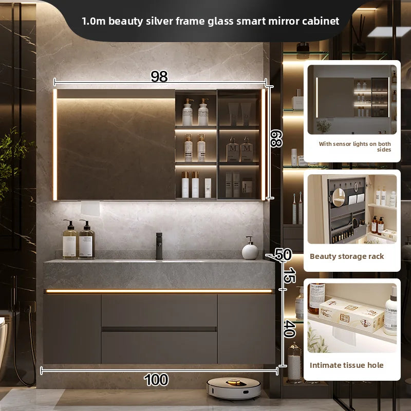 Bathroom Cabinet with Rock Plate Integrated Basin Bathroom Vanity Cabinet with Sink Smart Mirror Combination Bathroom Furniture