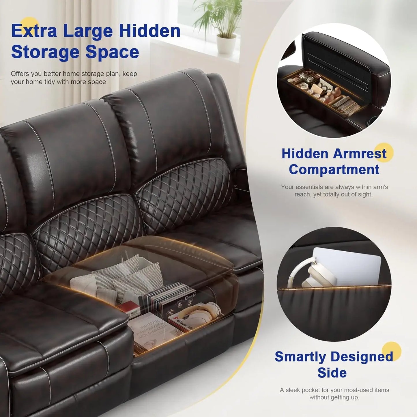 3 Seat Recliner Sofa with Console, Armrest, PU Leather, Cup Holders, USB Ports, Living Room/RV, Customized