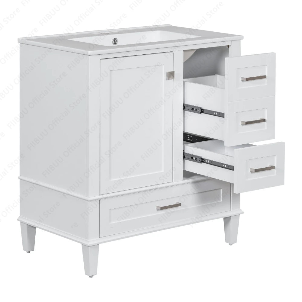 30" Bathroom Vanity with Sink Solid Wood Cabinet Waterproof Modern Storage with 3 Drawers Soft Close Door Sink Vanity Combo Set