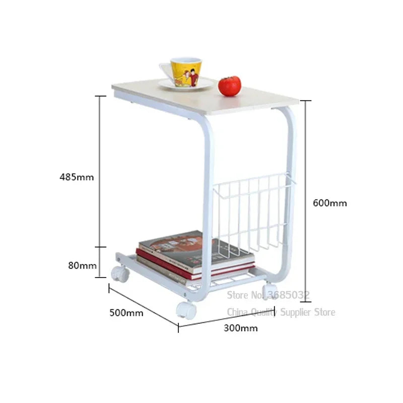 Iron Living Room Table, Movable Sofa Side Table, Corner Coffee Stand, Simple Wheel-Based Lazy Table, Mobile Furniture, 2-Layer