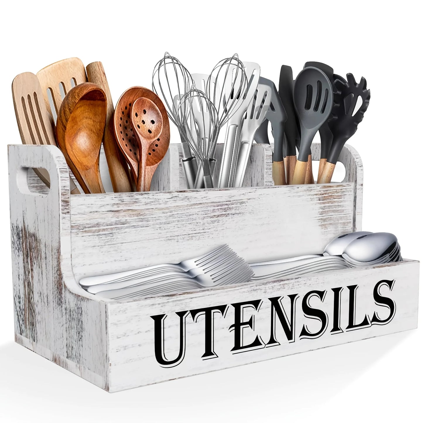 Wooden Kitchen Utensil Rack - With 4 Compartments Kitchen Utensil Organizer, Rustic Farmhouse Countertop Cookware Storage Box