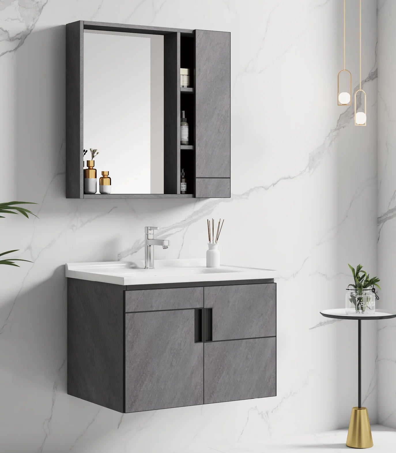 Modern Design Gray PVC Bathroom Vanity Cabinet Framed Mirror Wall-Mounted for  Villas Hotels Includes Wash Basin