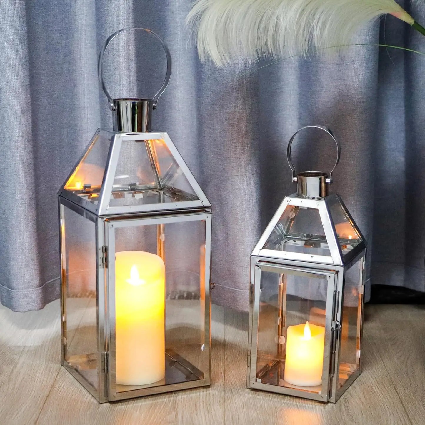 Set of 2 Stainless Steel Decorative Lanterns 13"&10" H Metal Candle Holders with Tempered Glass for Home Decor Living Room Parti