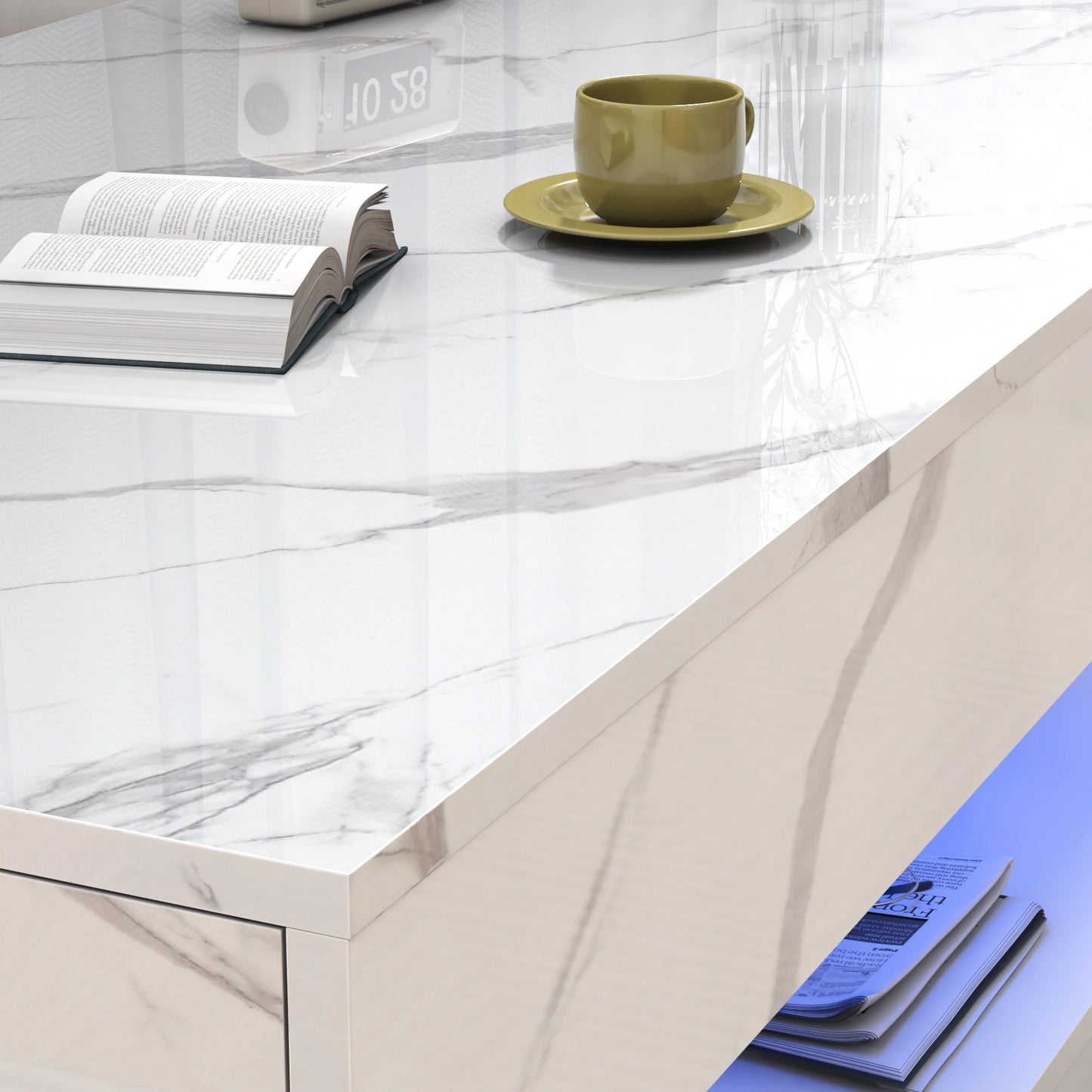 Modern Stylish Coffee Table with LED lights, Double-Layer Design for Living Room Coffee Table with 2 Storage Drawers