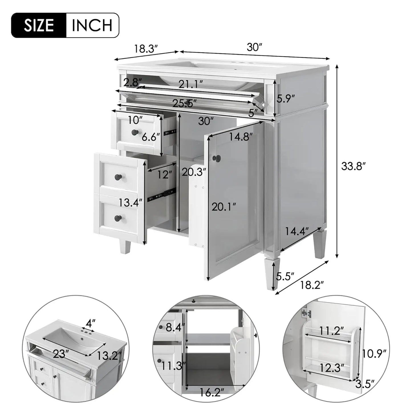 30" Bathroom Vanity Ceramic Sink Modern Freestanding Storage Cabinet Door 2 Drawers Tip-Out Drawer Solid Wood Frame, Customized
