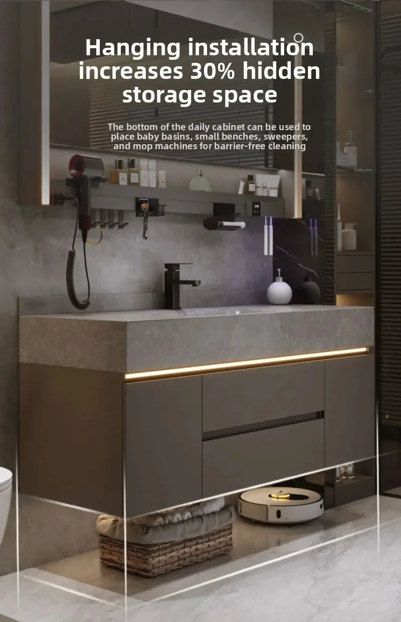 Bathroom Cabinet with Rock Plate Integrated Basin Bathroom Vanity Cabinet with Sink Smart Mirror Combination Bathroom Furniture