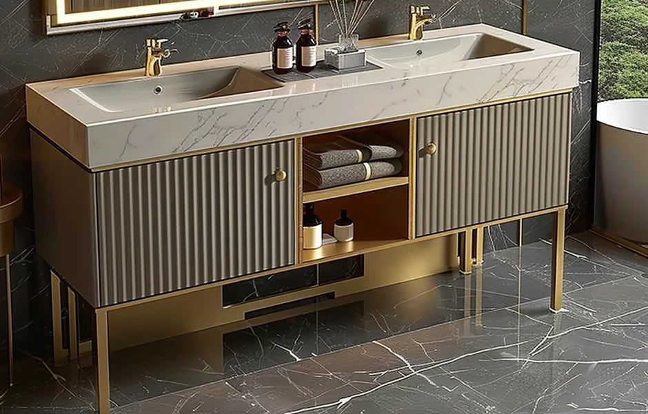 Luxury Countertop Double Basin Vanity Sink Bathroom Stainless Steel Marble Countertop Bathroom Cabinets Vanities