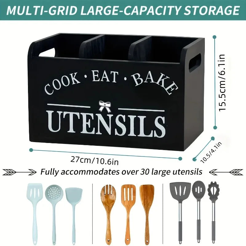 Kitchen Utensil Rack with Three Compartments Rustic Wooden Storage Box Vintage Tableware Farmhouse Dish Cabinet Forks Spoo