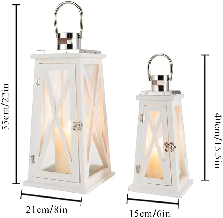 Set of 2 Farmhouse Wood Candle Lantern 22'' &15.5'' H Decorative Candle Holders with Tempered Glass Rustic Hanging Lantern for G