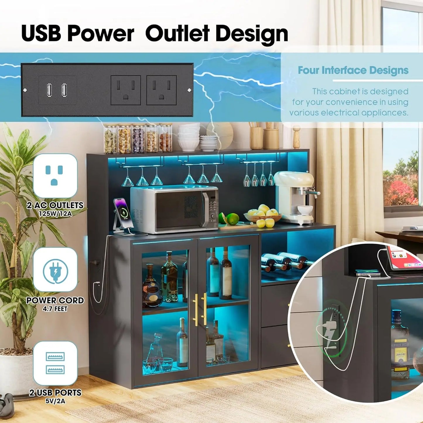 Bar Cabinet with Wine Rack, Liquor Cabinet with RGB Light, Coffee Bar Cabinets with USB Power Outlet, Home Wine, Customized