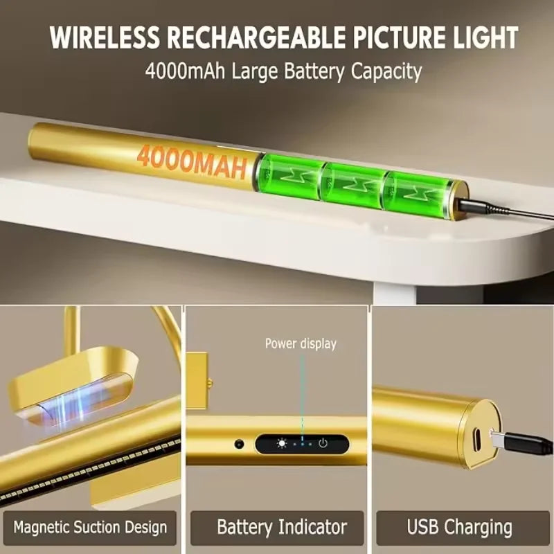 4000mAH Picture Wall Lamp LED Wireless Wall Light Tricolor Dimmable With Remote Art Display Rechargeable Battery Operated