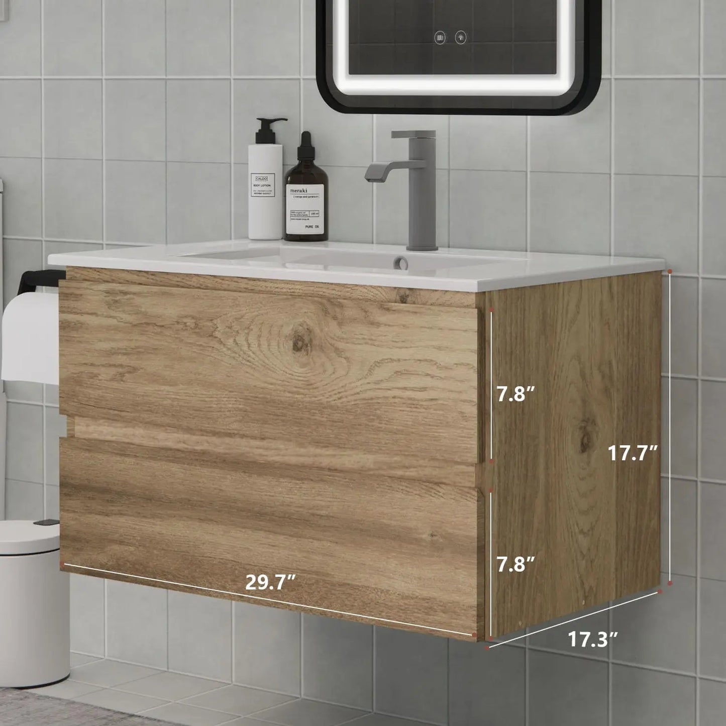 30" Space-Saving Floating Bathroom Vanity with Sink Moisture-Resistant MDF 2 Soft-Close Drawers Modern Bathrooms Customized