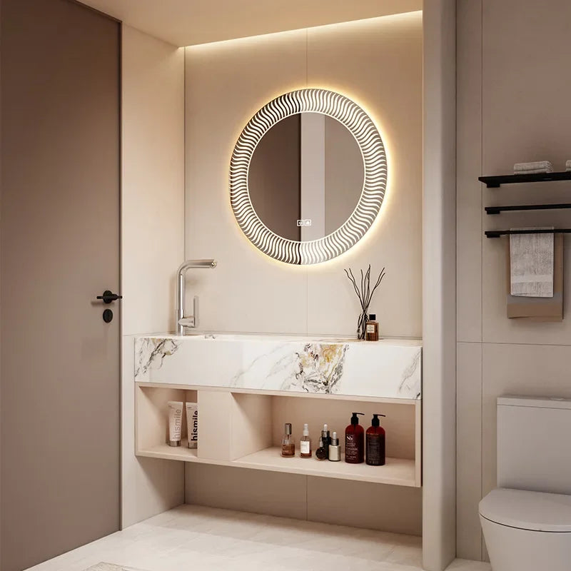 Modern Bathroom Vanity Cabinet Sink Small-sized Bathroom Cabinet with Smart Round Mirror Rock Ceramic Basin Bathroom Furniture