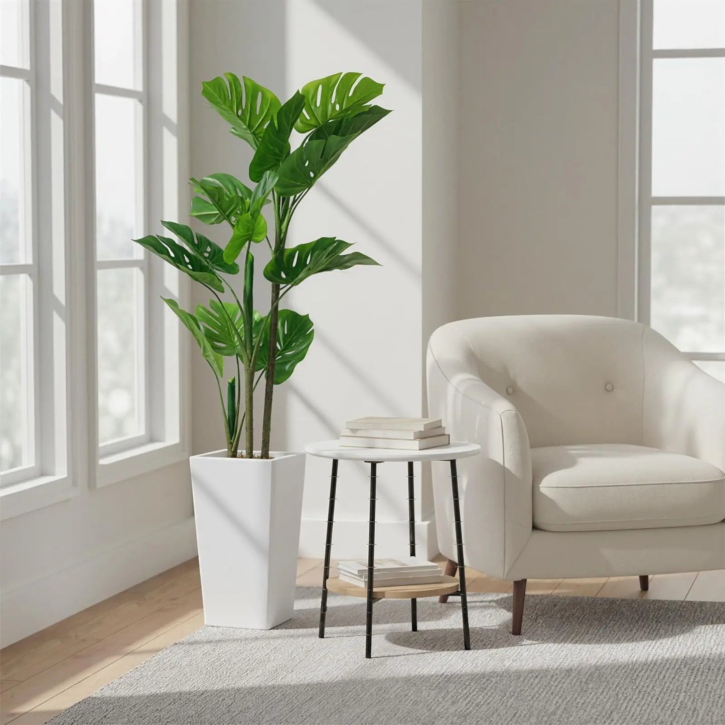 4.5FT Artificial Monstera Plant Tree with Tall White Planter, Fake Floor Plants, Faux Tropical Palm Tree for Home Office Porch