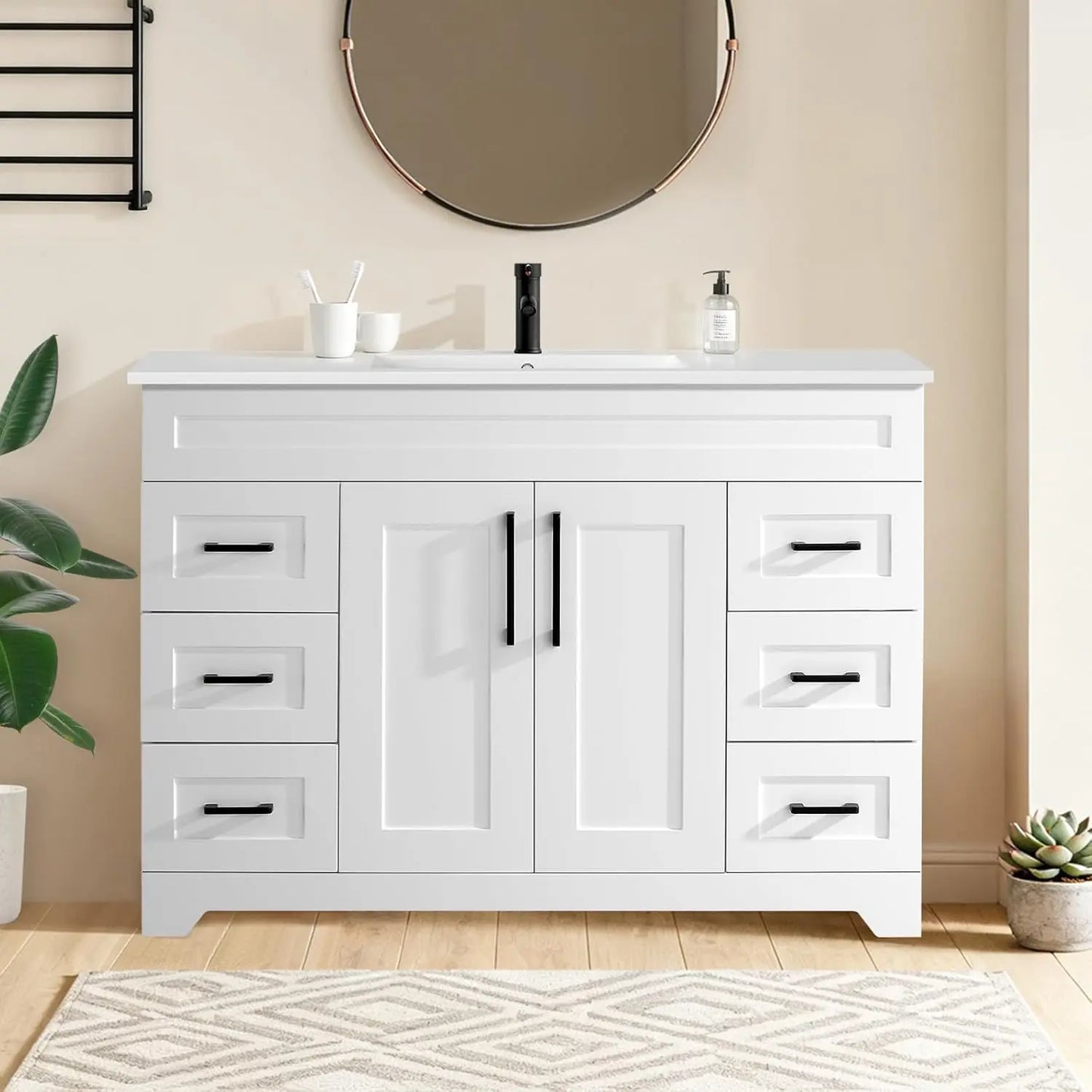 White Bathroom Vanity Cabinet with Resin Sink Combo Soft Close Doors 6 Drawers Modern Storage, Customized