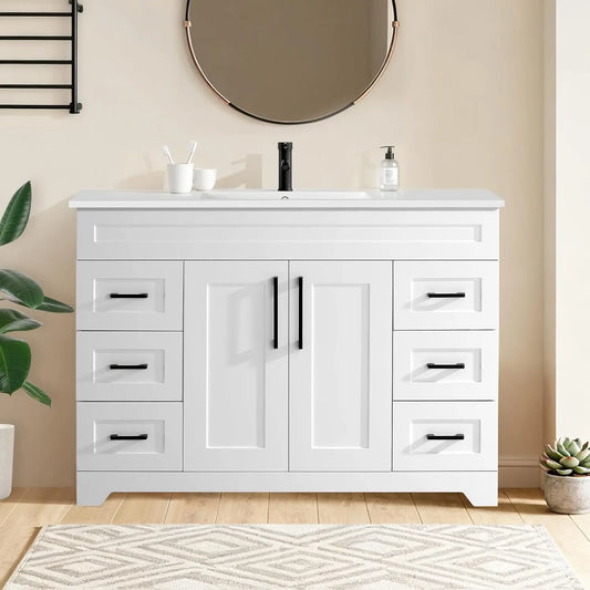White Bathroom Vanity Cabinet with Resin Sink Combo Soft Close Doors 6 Drawers Modern Storage, Customized