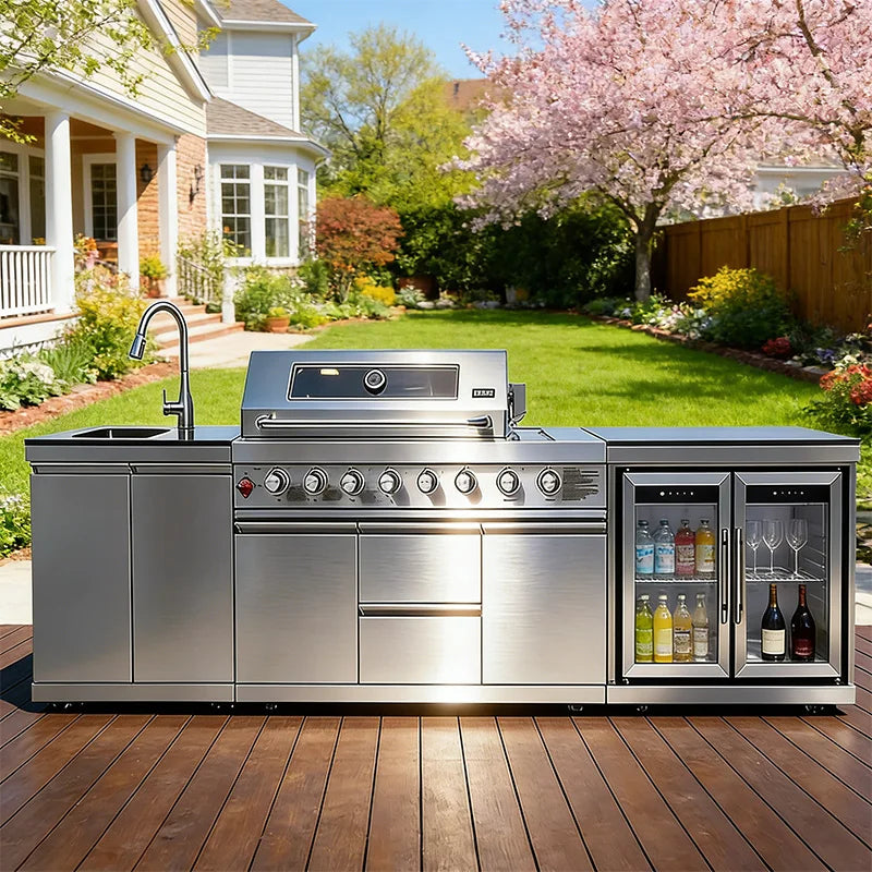 A Full Kitchen Suite Including Grill Cooktop Sink And Fridge With Waterproof Custom Outdoor Stainless Steel Cabinet For Backyard